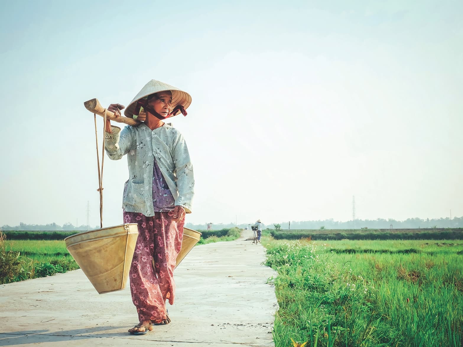 Sentier rural du Vietnam : tenue traditionnelle, chapeau conique, joug.